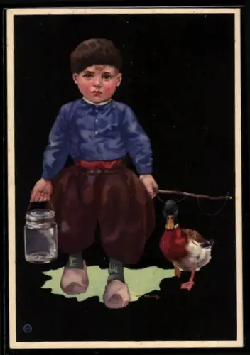 Künstler-AK sign. Jan Wijga: Kleiner Junge mit Ente und Angel