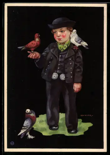 Künstler-AK sign. Jan Wijga: Kleiner Junge mit Tauben