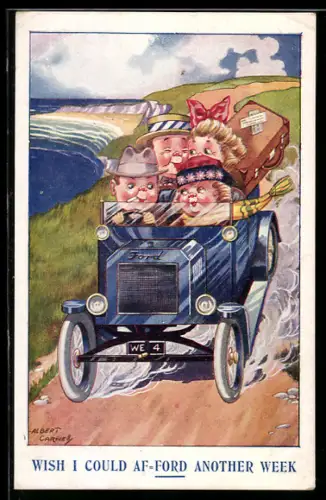 Künstler-AK sign. Albert Carnelly: Urlauber in einem Auto am Meer