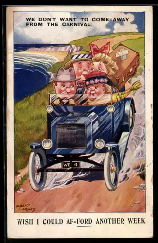 Künstler-AK sign. Albert Carnelly: Urlauber im Auto an der Küste