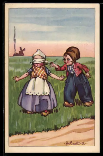 Künstler-AK sign. Zoe Borelli: Spielende Kinder auf einer Wiese, Mädchen mit verbundenen Augen