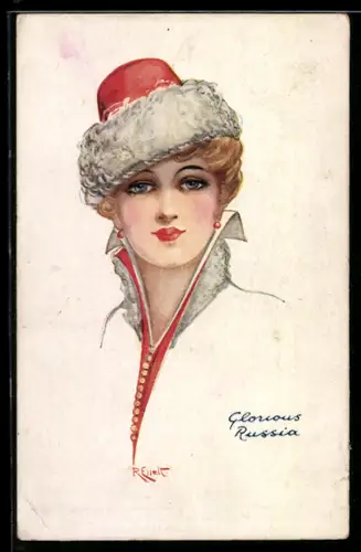 Künstler-AK sign. R. Ellelt: Glorious Russia, Frauenporträt mit Pelzmütze