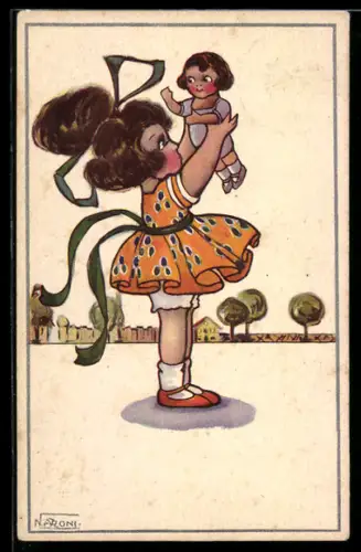 Künstler-AK sign. N. Azzoni: Mädchen hebt ihre Puppe hoch