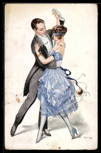 Künstler-AK sign. Herouard: Tanzendes Paar in Abendgarderobe