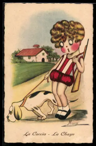 Künstler-AK sign. Macy: Mädchen mit Jagdhund und Gewehr