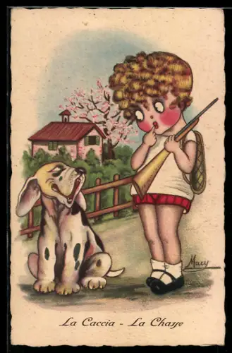 Künstler-AK sign. Macy: Kleines Mädchen mit Gewehr und Jagdhund