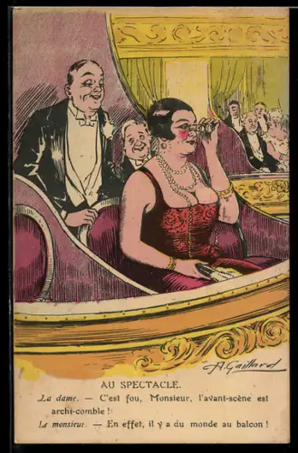 Künstler-AK sign. A. Gaillard: Herr beobachtet eine Dame in der Oper
