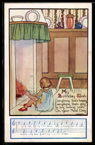 Künstler-AK sign. E. Wilson: Mädchen sitzt am Kaminfeuer