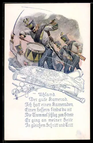 Künstler-AK Soldaten beim Angriff im Kugelhagel, Befreiungskriege, Uhland - Der gute Kamerad