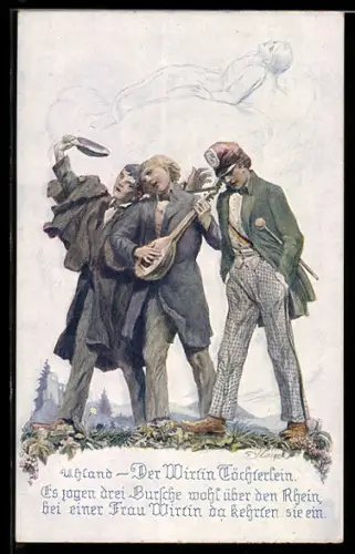 Künstler-AK sign. F. Staeger: Drei junge Männer beim Musizieren