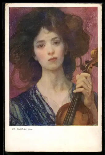 Künstler-AK sign. Fr. Dvorák: Dame mit Geige in der Hand