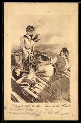 Künstler-AK sign. Stuart Travis: Paar an Deck eines Segelbootes