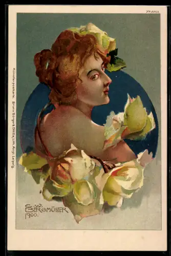Künstler-AK sign. C. W. Bergmüller: Damenporträt mit gelben Rosen
