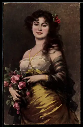 Künstler-AK sign. N. Sichel: Dame mit Rosenstrauss