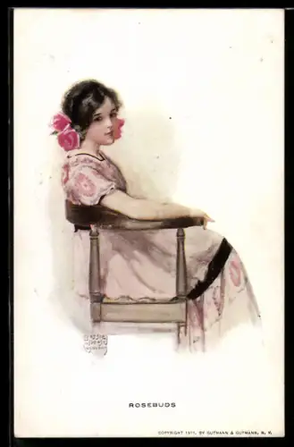 Künstler-AK sign. Bessie Carmann: Rosebuds, Mädchen mit Rosen im Haar