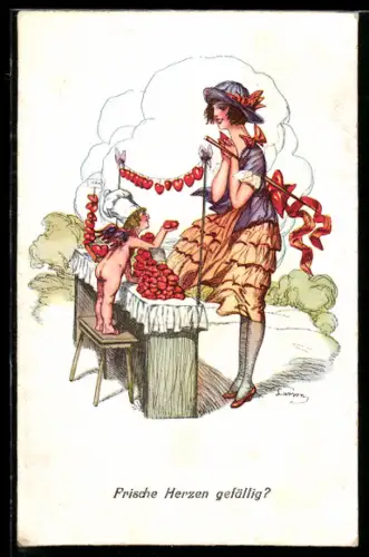 Künstler-AK sign. Larson: Frische Herzen gefällig?, kleiner Amor bietet einer jungen Frau Herzen an seinem Stand an