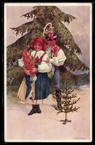 AK Herr u. Dame in Tracht stehen mit Brotzopf am Tannenbaum, Weihnachten