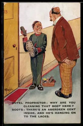 Künstler-AK sign. Christie: Page putzt einen Schuh vor der Hotelzimmertür