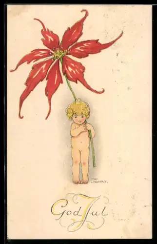 Künstler-AK sign. M. Lindmay: Kind mit riesiger roter Blüte