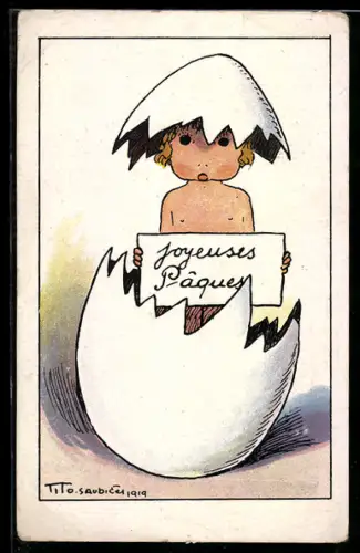 Künstler-AK sign. Tito Saubidet: Kind schlüpft aus einem Osterei