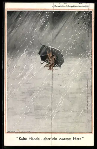 AK Kleiner Engel unterm Schirm im Schneeregen