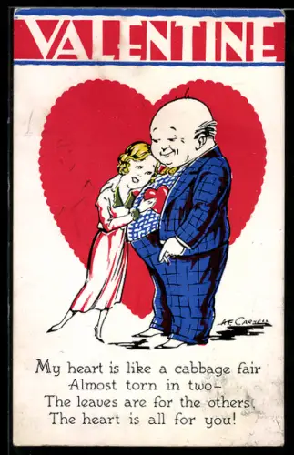 Künstler-AK sign. Carnell: Dicker Mann und dünne Frau vor einem roten Herz