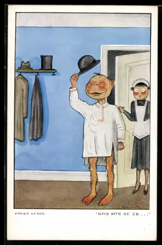 Künstler-AK sign. Folke Ludin: Dienstmädchen erschreckt sich vor einem Herrn