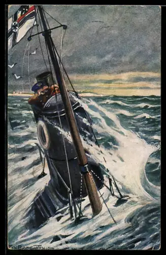 Künstler-AK Deutsche Unterseeboot auf Patrouille an der englischen Küste, U-Boot