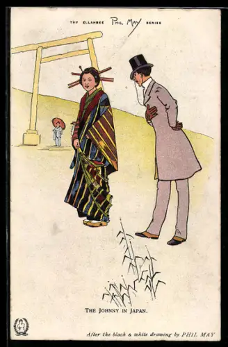 Künstler-AK sign. Phil May: The Johnny in Japan, Mann im Gespräch mit einer Geisha
