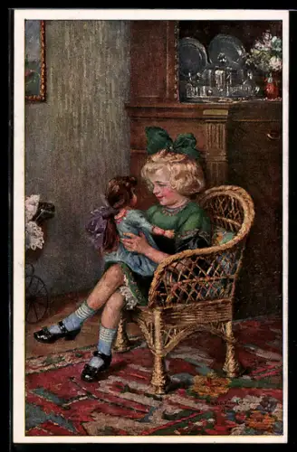 Künstler-AK Mein Liebling - Mädchen mit ihrer Puppe