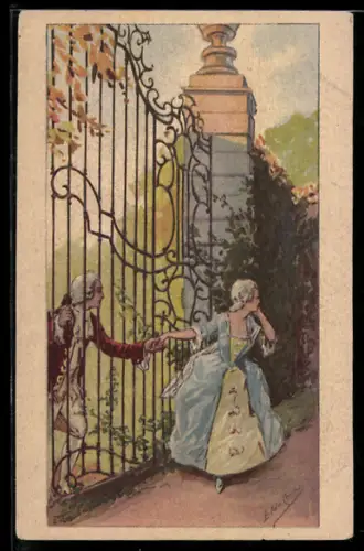 Künstler-AK sign. Elda Cenni: Barockes Paar bei einem heimlichen Treffen