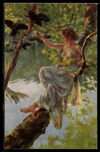 Künstler-AK sign. F. N. Bredt: Die sieben Raben, Frau und Raben am Ufer