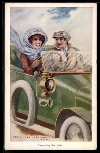Künstler-AK sign. Cecil W. Quinnel: Exceeding the limit, Dame am Steuer