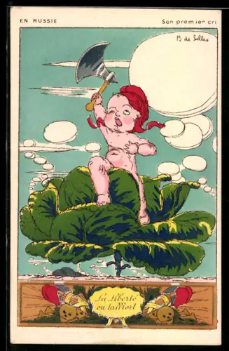 Künstler-AK sign. B. de Selles: Kleinkind auf einem Kohlkopf