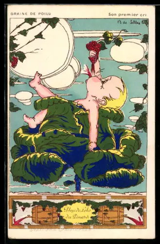 Künstler-AK sign. B. de Selles: Baby mit Weintrauben auf einem Kohlkopf