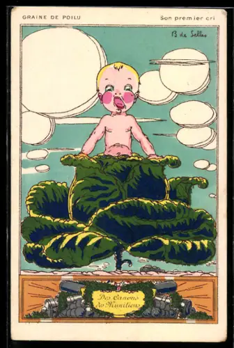 Künstler-AK sign. B. de Selles: Baby in einem Kohlkopf