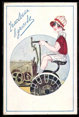 Künstler-AK sign. Susie: Dame fährt mit einem Traktor