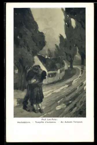 Künstler-AK sign. Leo Putz: Herbststurm, Paar auf einer Landstrasse