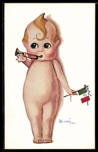 Künstler-AK sign. Livieri: Nacktes Kind mit einer Trompete