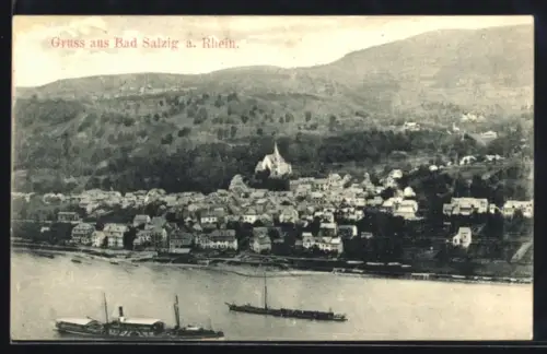 AK Bad Salzig a. Rhein, Ortsansicht mit Kirche und Rhein
