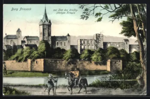 Künstler-AK Friesack, Burg Friesack zur Zeit des dreissigjährigen Krieges