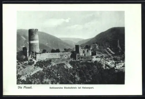 AK Hatzenport /Mosel, Schlossruine Bischofstein aus der Vogelschau
