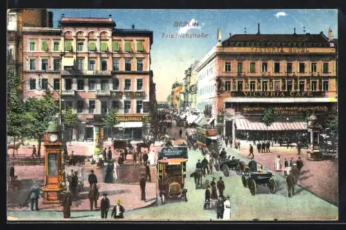 AK Berlin, Friedrichstrasse, Victoria Café, Strassenbahn, Uhr