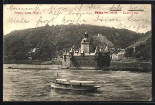 AK Caub, Pfalz, Engelsburg, Rheinansicht