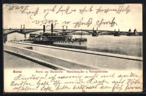 AK Mainz, Rheinufer, Rheindampfer, Strassenbrücke