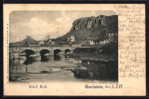 AK Gerolstein, Hotel Heck, Brücke, Felsen