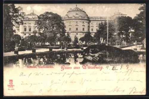 AK Würzburg, Schloss, Gartenseite bei Vollmond