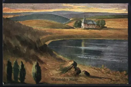 Künstler-AK Weinfelder Maar, Maar und Kapelle