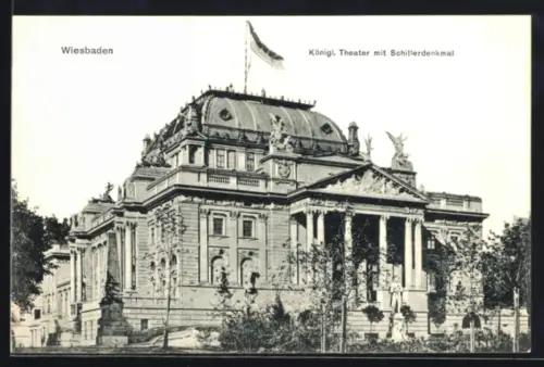 AK Wiesbaden, Königl. Theater mit Schillerdenkmal
