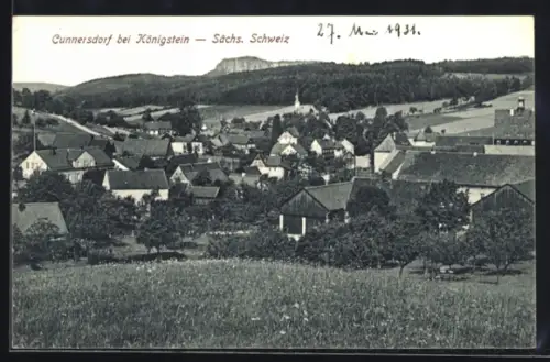 AK Cunnersdorf bei Königstein, Totalansicht von einem Hügel gesehen